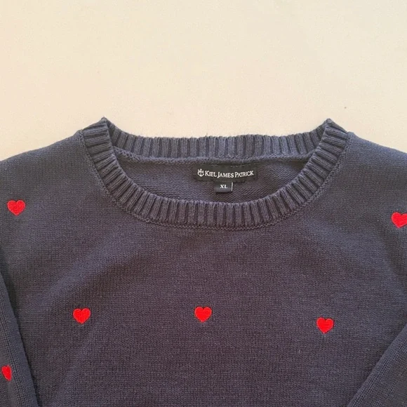 EUC - Kiel James Patrick Navy Sweater with Red Heart Accents - Picture 2 of 6